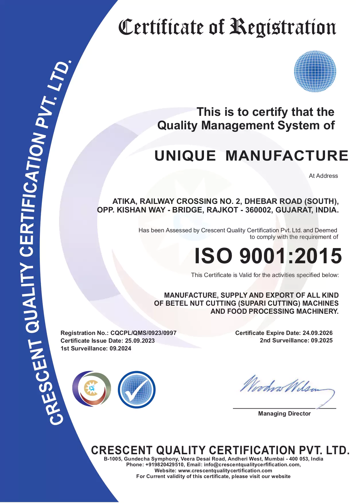 ISO 9001 : 2015 certificate